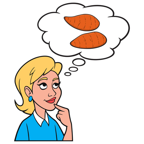 Girl thinking about Sweet Potatoes - A cartoon illustration of a Girl thinking about cooking with Sweet Potatoes. - Vector, Image