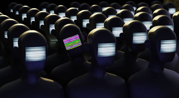 3D rendering. TV heads, zombie people with a TV screen in their head. Dependence on the media, gadgets. Television manipulation and control of people. The concept of imposing an official opinion. - Photo, Image