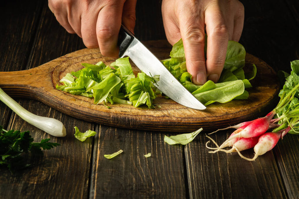 Close-up of a chef hands cutting green lettuce leaves on a cutting board with a knife for preparing a vegetarian dish. Peasant foods - Foto, imagen