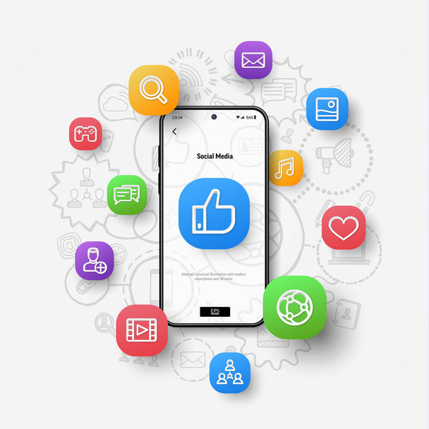 Concepto de red social. 3d iconos volando sobre el teléfono inteligente en boceto dibujado a mano, doodle fondo de diseño. - Vector, imagen