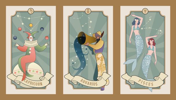Cards signs of the zodiac inspired by the world of the vintage Circus. Capricorn, Aquarius, Pisces - Vector, Image