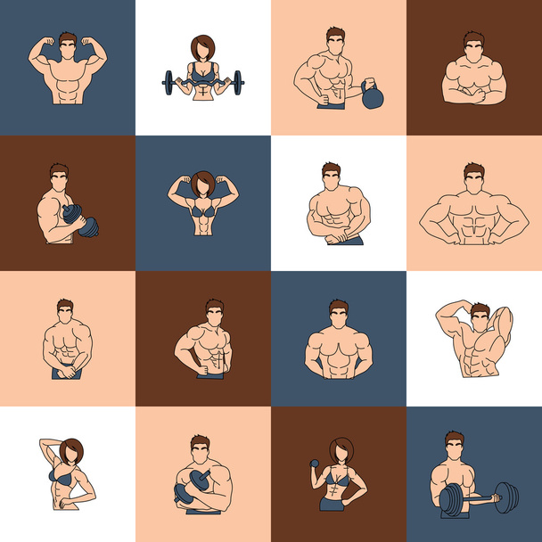 Bodybuilding fitness gym icons flat line - Vector, Image
