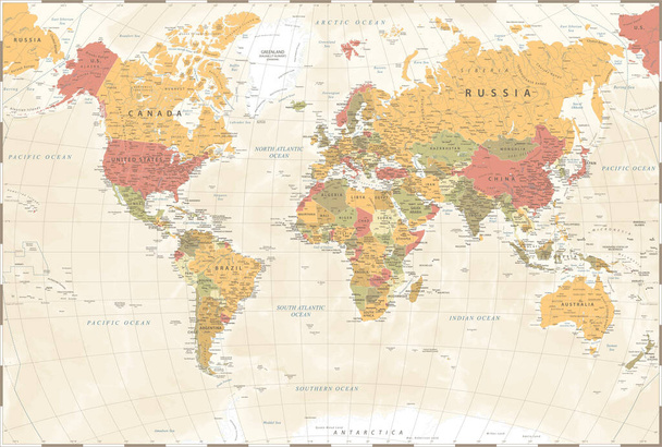 World Map Vintage Πολιτική - Διάνυσμα Λεπτομερής απεικόνιση - Διάνυσμα, εικόνα