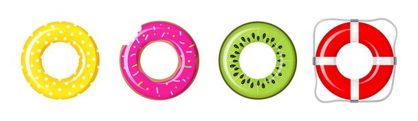 Swim rings set for summer party. Inflatable rubber toy colorful collection. Top view swimming circle for ocean, sea, pool. Lifebyou swimming rings. Summer vacation or trip safety. Kiwi - Vector, Image