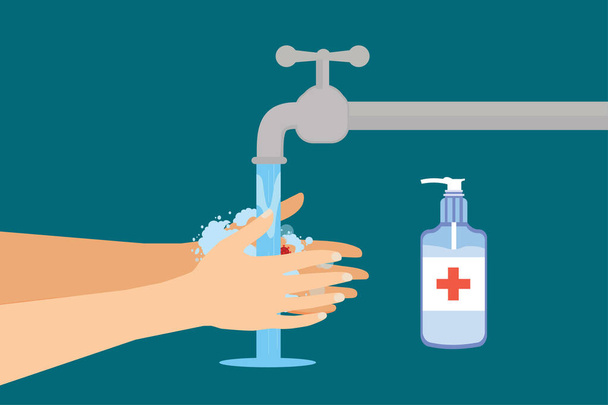 Utilisation de savon liquide antibactérien pour prévenir les germes et le coronavirus à la main. Homme se laver les mains avec de l'eau du robinet et vecteur de savon. Utilisation d'un désinfectant pour les mains pour prévenir le virus covide-19 et d'autres virus. - Vecteur, image