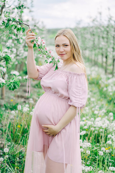 Pregnant girl in a pink dress in a flower garden - Fotoğraf, Görsel