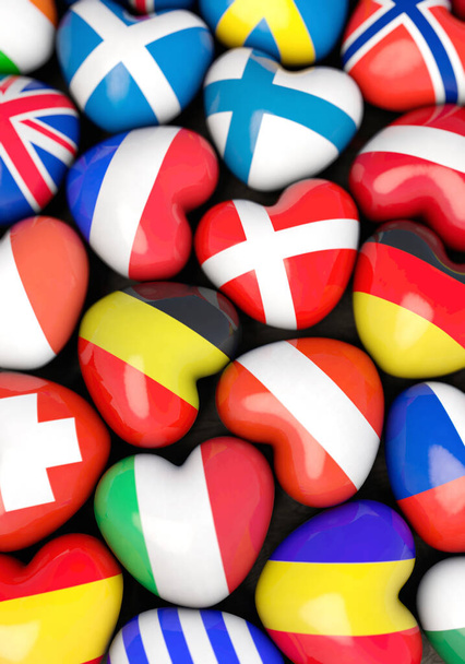 Národní vlajky zemí Evropy v srdcích utvářejí - Fotografie, Obrázek