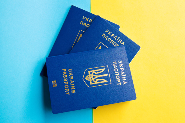 Passaporti dell'Ucraina su sfondo blu e giallo - Foto, immagini