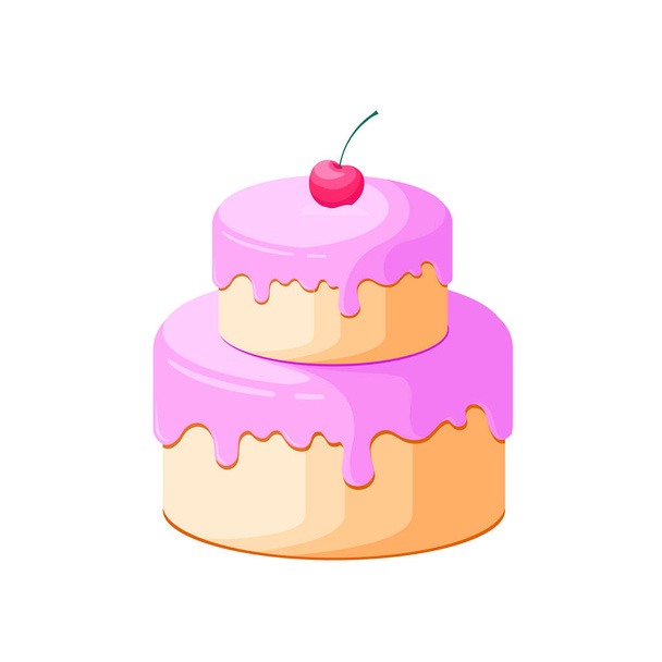 Birthday cake with cherry and pink topping in flat style. Cake with candles. Vector illustration. - Wektor, obraz