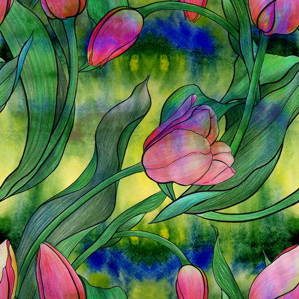 Blütentulpe. Nahtloses Muster. Collage aus Blumen, Blättern und Knospen auf aquarelliertem Hintergrund. Verwenden Sie Druckmaterialien, Schilder, Poster, Postkarten, Verpackungen. Frühlingsblumen.  - Foto, Bild