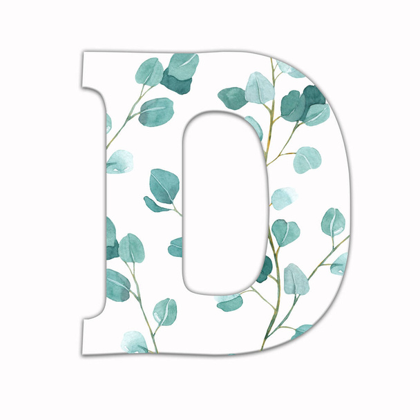 緑の葉で飾られた大文字D 。花の装飾と英語のアルファベットの手紙。緑の葉. - 写真・画像