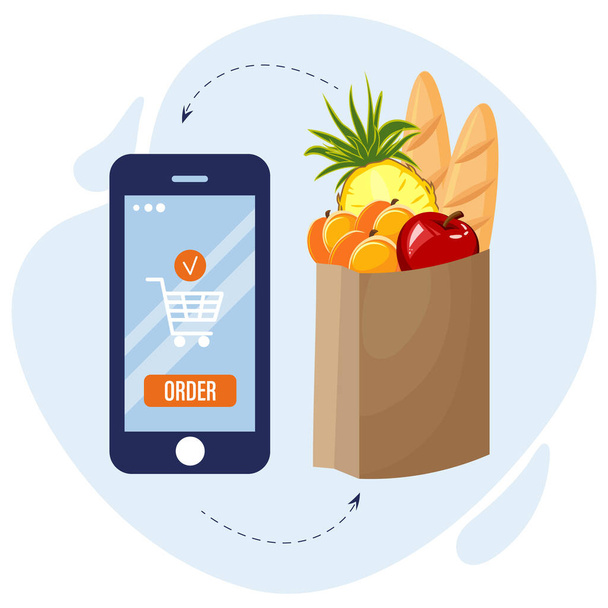 Illustrazione di una vendita online, un pacchetto con generi alimentari e un telefono con un ordine. Concetto di business di vendita online, poster, banner - Vettoriali, immagini