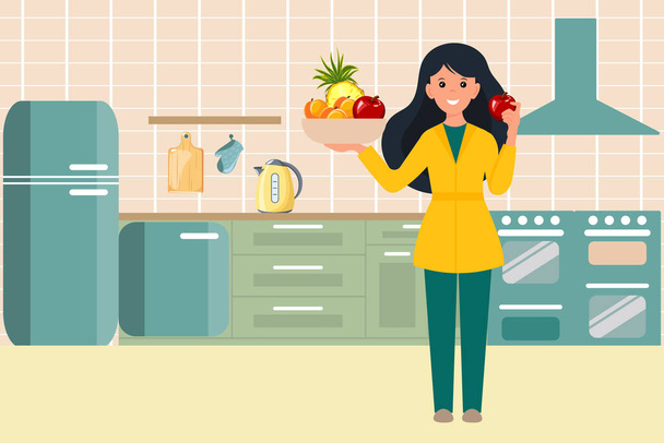 Illustratie, een jonge vrouw met een bord fruit in het interieur van de keuken. Gezond voedsel concept. Platte illustratie, clip art, poster - Vector, afbeelding