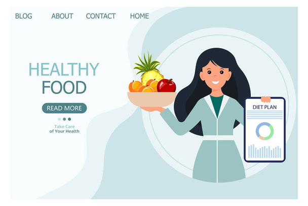 Illustratie, een vrouwelijke voedingsdeskundige met een bord fruit en een dieetplan. Illustratie voor de site, web resource. Gezond voedselconcept. - Vector, afbeelding