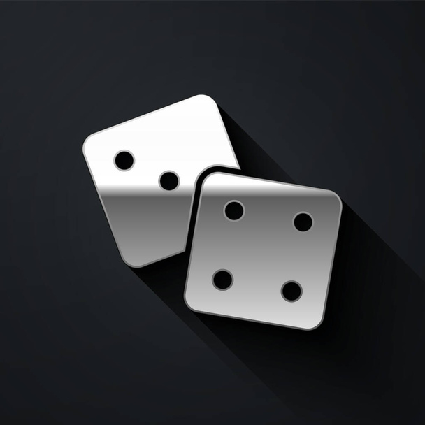 Silver Game dice icon isolated on black background. Casino gambling. Long shadow style. Vector - Vecteur, image
