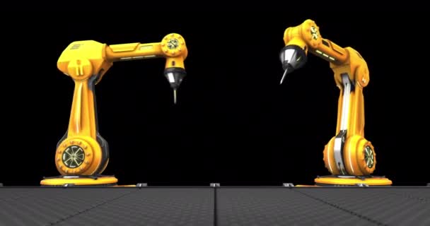 Geïsoleerd twee werkende robothanden met bewegende transportband. Industriële massaproductie als 4K loop video met inbegrepen Alpha kanaal. - Video