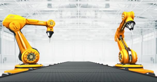 Two working robotic hands with conveyor belt at modern autonomous factory. Industrial mass production as 4K loop video background. - Footage, Video
