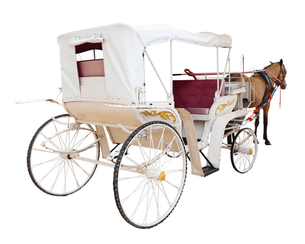 rear view of horse fairy tale carriage cabin isolated white back - Photo, Image