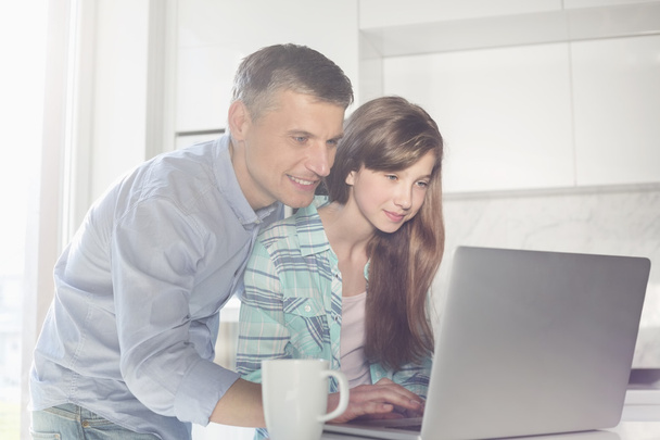 Отец и дочь используют ноутбук - Фото, изображение