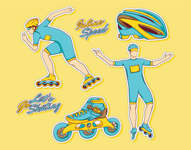 Patinage de vitesse en ligne dessiné à la main coloré avec collection d'autocollants de patin à roulettes - Vecteur, image