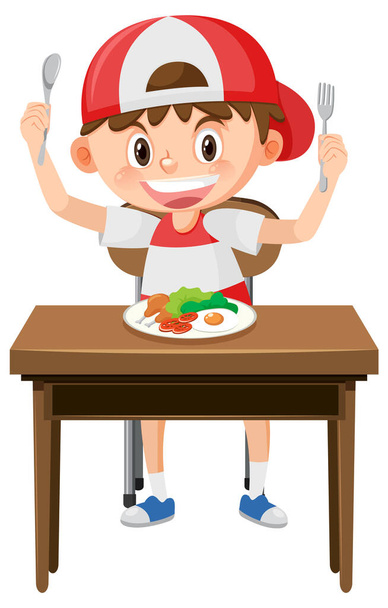 Glücklicher Junge isst gesundes Frühstück Illustration - Vektor, Bild