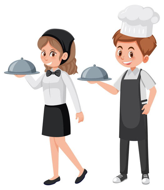 Kellner und Kellnerin servieren Essen Illustration - Vektor, Bild