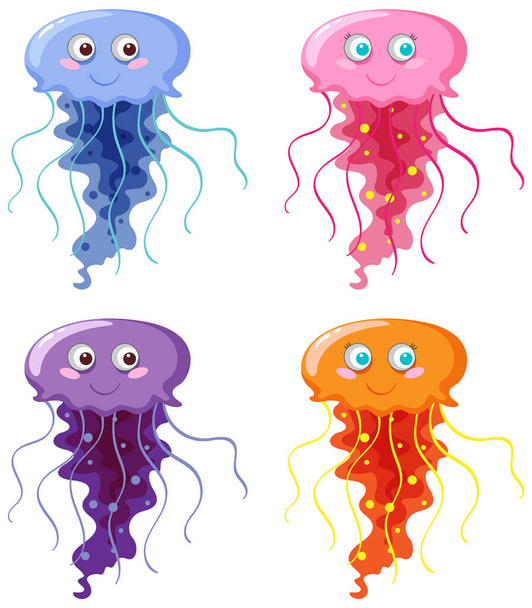 Conjunto de medusas diferentes en ilustración de estilo de dibujos animados - Vector, imagen