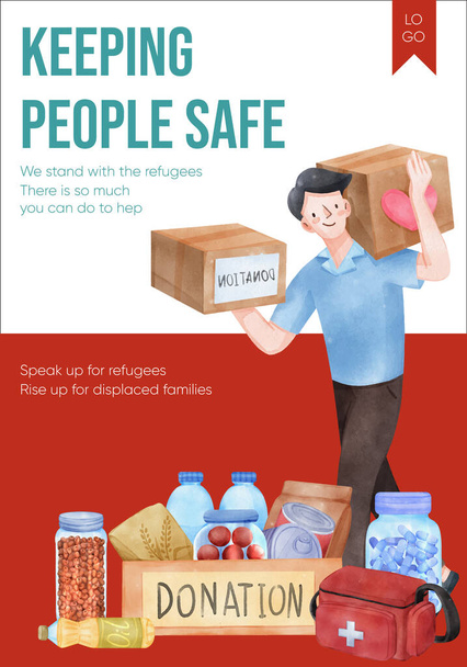 Modèle d'affiche avec concept de réfugiés d'aide humanitaire, Watercolo - Vecteur, image