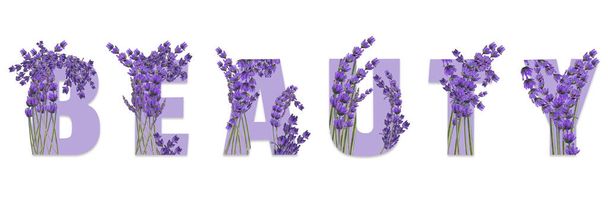 Woord BEAUTY met verse lavendel bloemen op witte achtergrond - Foto, afbeelding