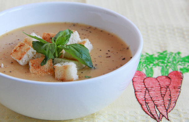 Pumpkin soup with croutons and basil - Photo, Image