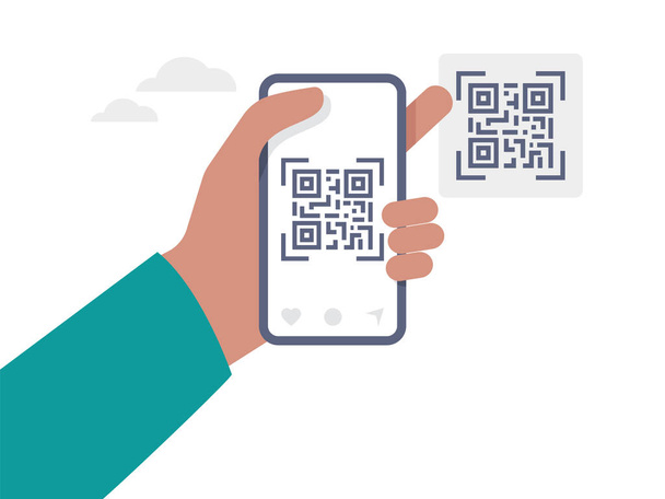 Kézi tároló mobil szkenneléssel QR kód és online fizetés, digitális pénzátutalási technológia, vonalkód illusztráció. - Vektor, kép