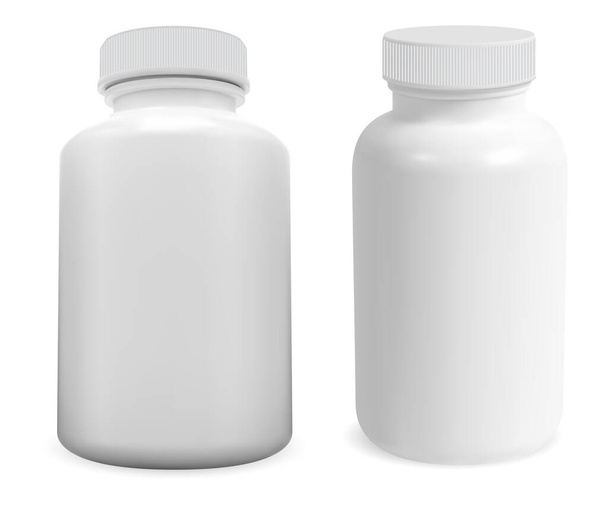Біла пластикова пляшка для таблеток маскується. Додатковий пакет, кепка. Вітамінна капсула, лікувальний засіб, невеликий рецептурний циліндр. Реалістична ілюстрація шаблону упаковки ліків
 - Вектор, зображення
