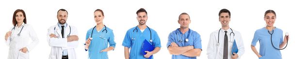 Collage with photos of doctors on white background. Banner design - 写真・画像