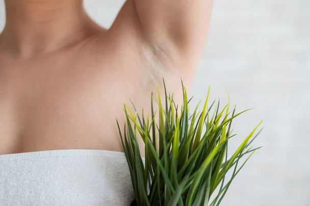 Faceless woman in a white towel holds a pot with a plant. Unrecognizable girl with the help of green bushes imitates the vegetation of armpit hair. Depilation area. Female hair removal. - Фото, изображение