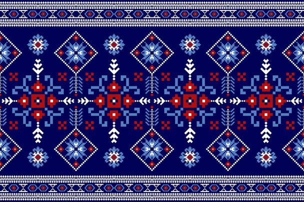 Hermoso bordado de punto. Patrón oriental étnico geométrico tradicional sobre fondo azul. Estilo azteca, abstracto, vector, ilustración. Diseño para textura, tela, ropa, envoltura, decoración, alfombra..  - Vector, imagen
