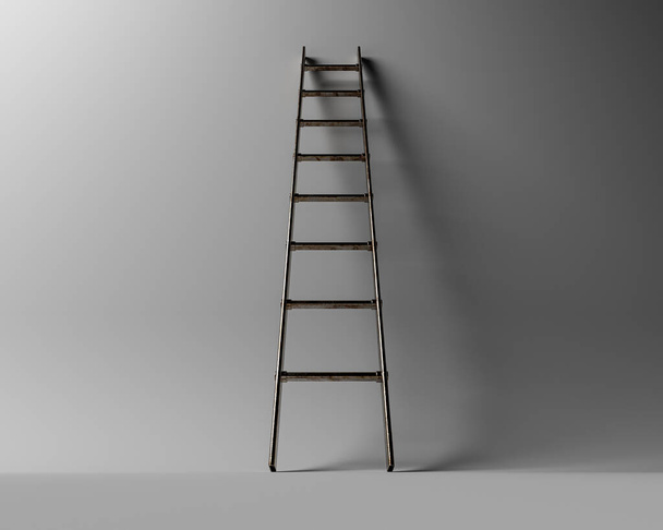 Una escalera de escalera de aluminio de metal regular apoyada sobre un fondo de estudio blanco - 3D render - Foto, Imagen