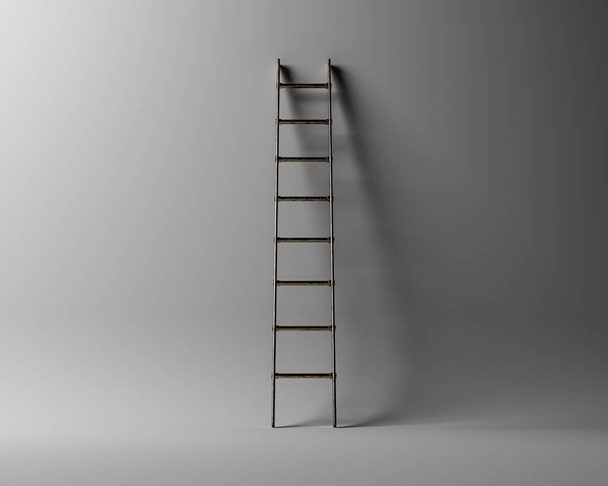 Une échelle standard en aluminium métallique appuyée sur un fond de studio blanc - rendu 3D - Photo, image