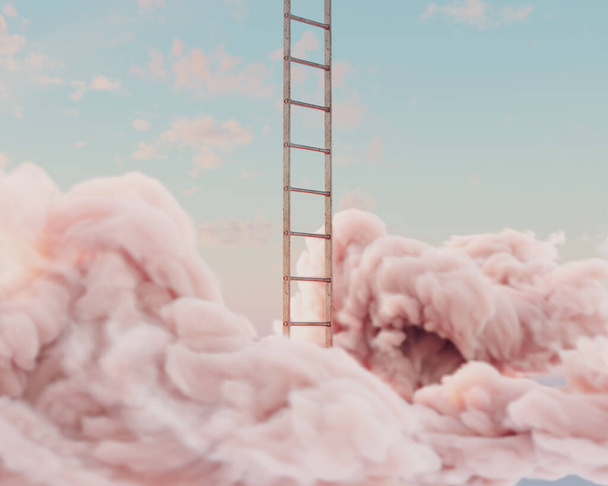 Сюрреалистичная концепция обычной алюминиевой лестницы, проталкивающей пушистое облако на фоне персикового неба - 3D рендеринг - Фото, изображение