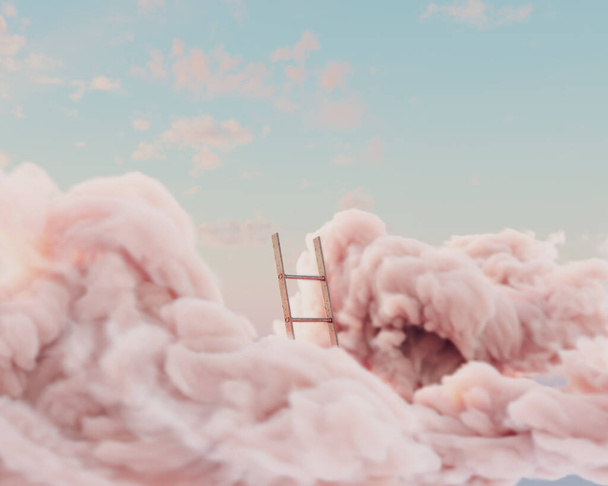 A surreal concept of a regular aluminium ladder pushing through a fluffy cloud on a peach sky background - 3D render - Photo, Image