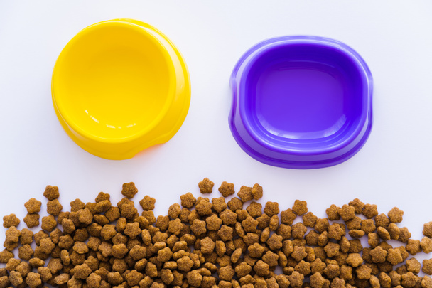vue de dessus des bols en plastique jaune et violet près des aliments pour animaux isolés sur blanc - Photo, image