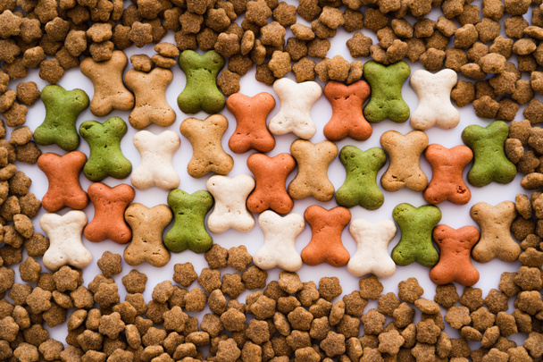 top view of bone shaped cookies and dry pet food as backdrop  - Photo, Image