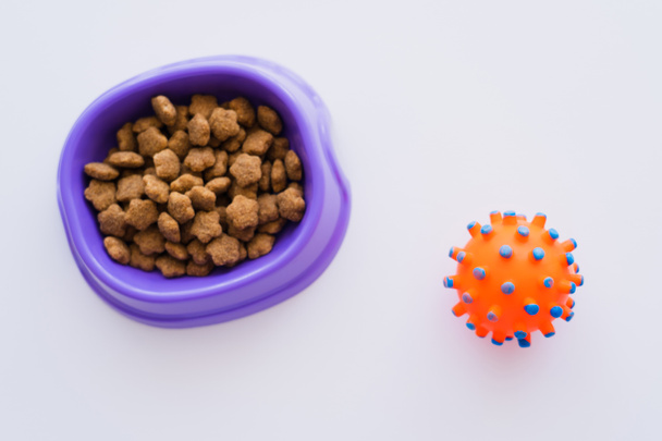 vista superior de juguete de goma cerca del tazón con comida para mascotas en blanco - Foto, Imagen