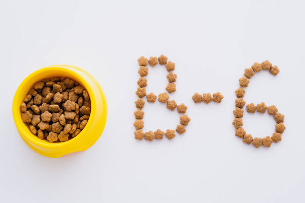 tendido plano de la palabra hecha de comida seca para mascotas cerca de cuenco aislado en blanco - Foto, imagen