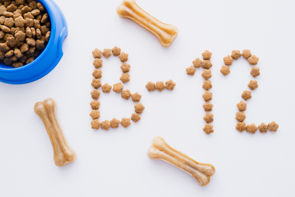 top view of word made of dry pet food near bowl and bone shaped treats on white - Photo, Image