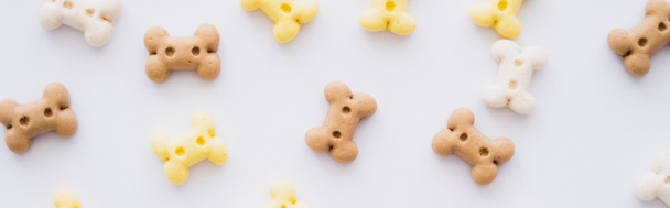 vista superior de galletas en forma de hueso para mascotas aisladas en blanco, banner - Foto, Imagen