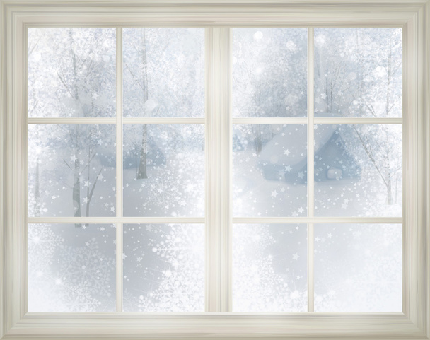 Okno z śnieżny tło. - Zdjęcie, obraz