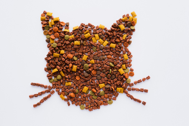 top view of shape of cat made from dry pet food isolated on white - Foto, Bild