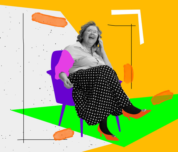 Happy middle age woman talking on phone on abstract background with drawings.Bright contemporary art collage. Ideas, vintage, retro style, imagination. - Foto, Bild