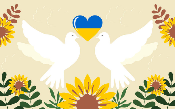 Ζευγάρι λευκά περιστέρια της ειρήνης. Καρδιά με τα χρώματα της σημαίας της Ουκρανίας. Τα ηλιοτρόπια είναι σύμβολα της Ημέρας Μνήμης των Υπερασπιστών της Ουκρανίας.  - Φωτογραφία, εικόνα