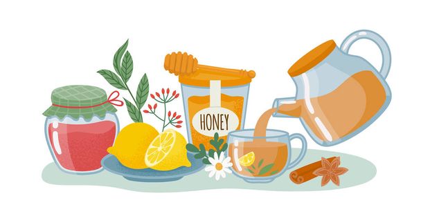 Tea drink concept, lemon and honey, glass of jam - Vector, imagen